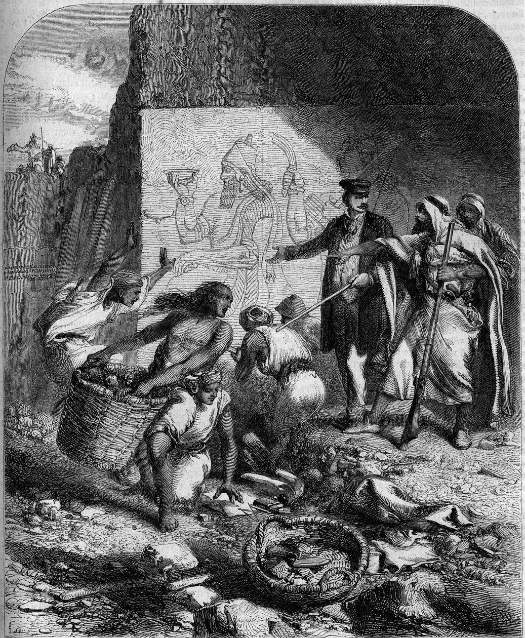 Arkeologiset kaivaukset: englantilaisen arkeologi Austen Henri Layard löysi matalia assyrialaisia reliefejä Nemroudista (Vähän-Aasia) tekijältä French School