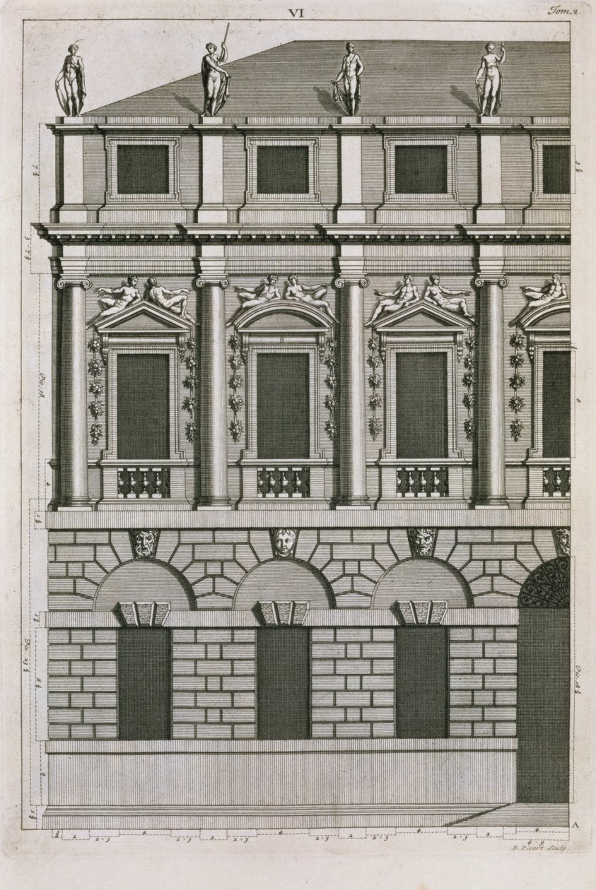 Bernard Picartin (1673-1733) kaivertama palladialaisia mittasuhteita esittävä arkkitehtoninen suunnittelu n. 1716 tekijältä French School