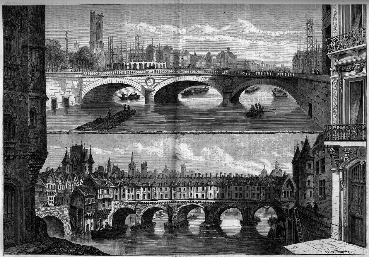 Arkkitehtuuri, Pariisi: näkymät vanhalle sillalle au Change (1639-1647) vuonna 1660 ja uudelle sillalle, joka rakennettiin vuonna 1860. Kaiverrus "" Le Monde Illustré" -julkaisussa nro 184, 20. lokakuuta 1860. tekijältä French School
