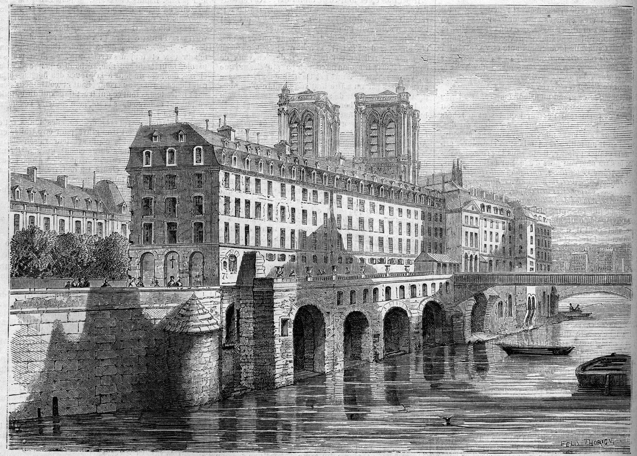 Arkkitehtuuri: Hotel Dieun ulkonäkymä Ile de la Cite -kadulla Pariisissa ennen sen purkamista. Näkymä Quai de la Tournellesta vuodelta 1859. Kaiverrus "" Le Monde Illustré" -julkaisussa nro 136, 19. marraskuuta 1859. tekijältä French School