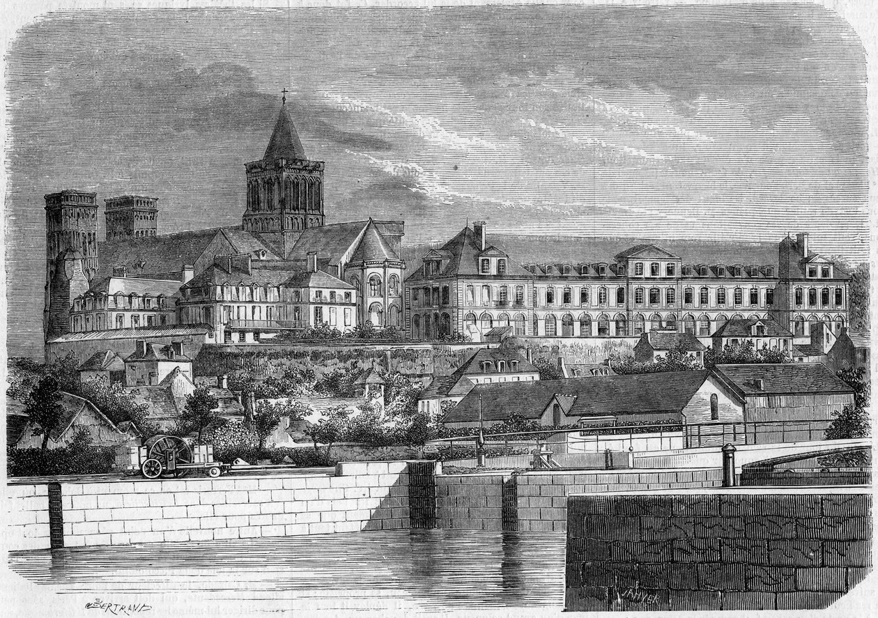 Arkkitehtuuri: näkymä Abbey aux Dames (noin 1060) ja Pyhän kolminaisuuden kirkko (romaaniseen tyyliin). Caen, Calvados (14) tekijältä French School