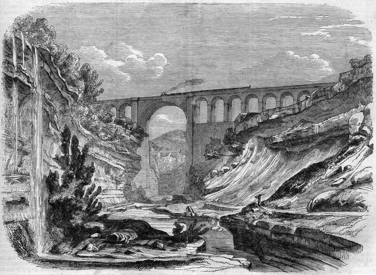 Arkkitehtuuri: näkymä Valserinen maasillalle (Rhône Alpes) Lyonin ja Geneven välisellä rautatiellä. 1858. Kaiverrus "" Le Monde Illustré" -julkaisussa nro 48, 13. maaliskuuta 1858. tekijältä French School