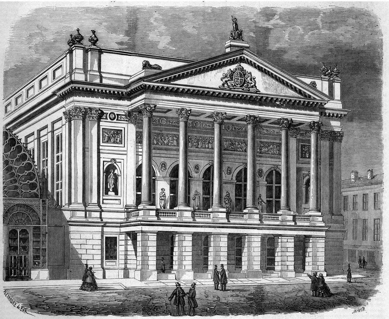 Arkkitehtuuri: näkymä Italian teatterin julkisivusta Lontoossa (Englanti) vuonna 1858. Kaiverrus "" Le Monde Illustré" -julkaisussa nro 38, 2. tammikuuta tekijältä French School