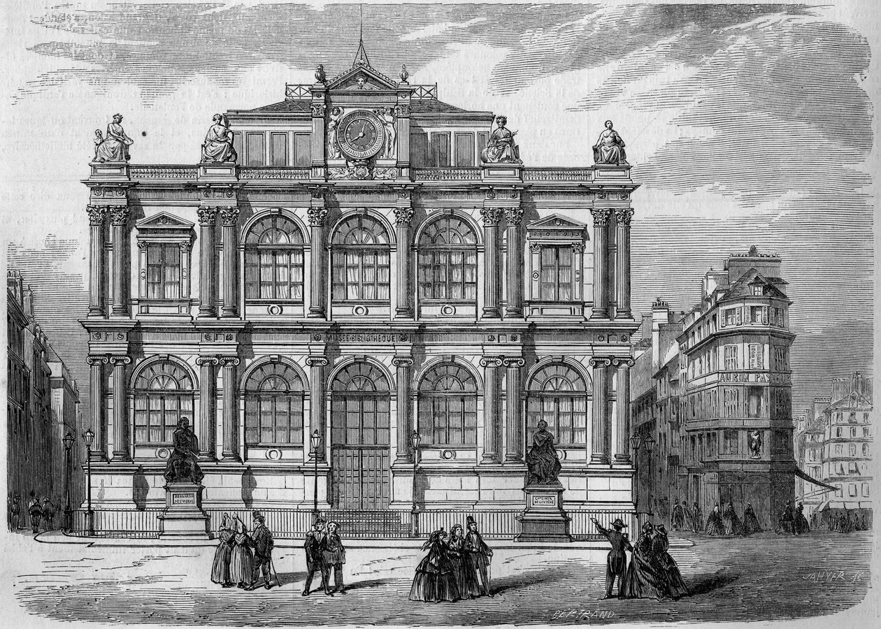 Arkkitehtuuri: näkymä Le Havren kaupungin Musee Bibliothequen (vihjettiin vuonna 1847) julkisivusta (Seine Maritime, 76). Kaiverrus "" Le Monde Illustré" -julkaisussa nro 27, 17. lokakuuta 1857. tekijältä French School