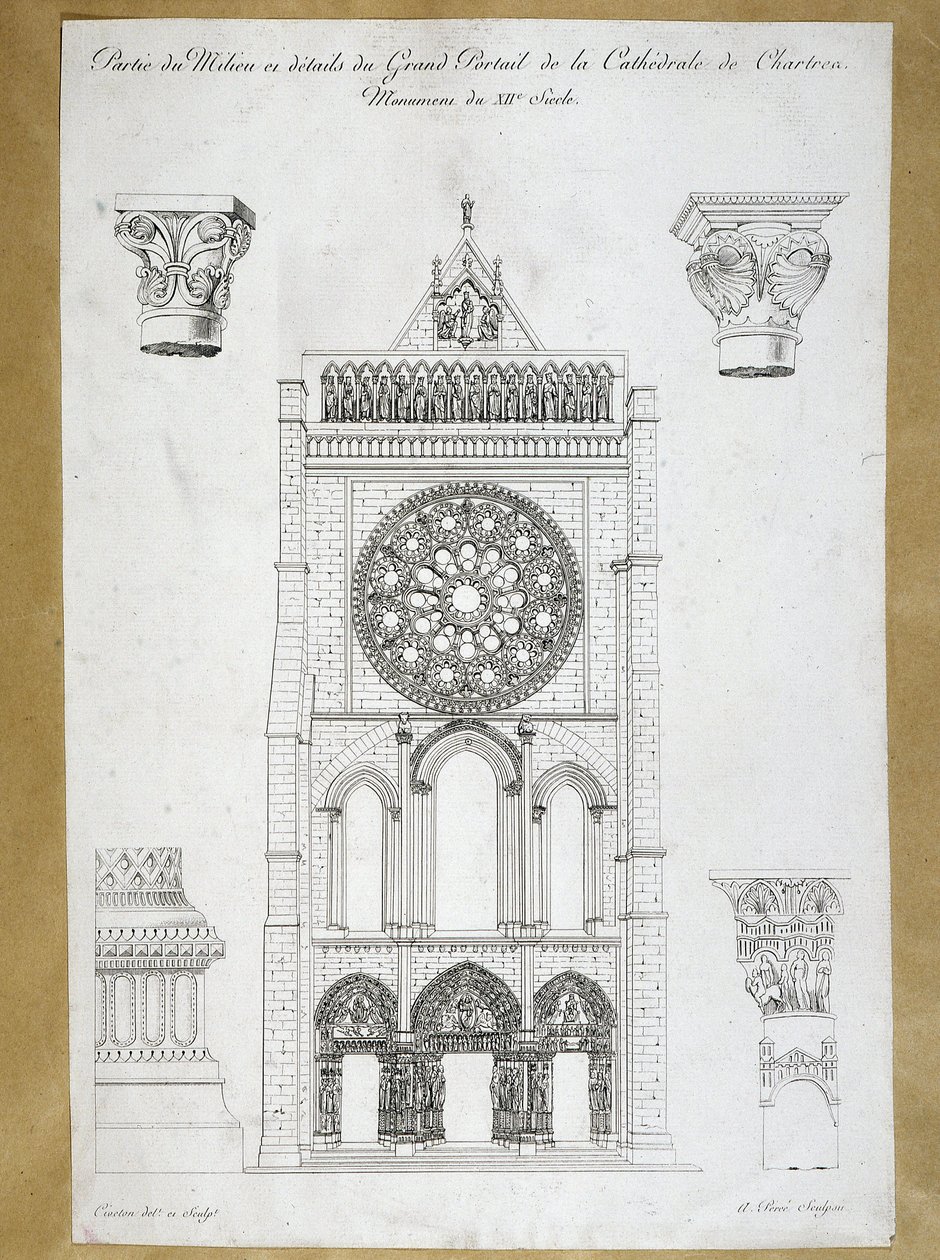 Arkkitehtuuri: näkymä Cathedrale de Chartresin suuresta portaalista - 1100-luvun muistomerkki 1800-luvun levy tekijältä French School