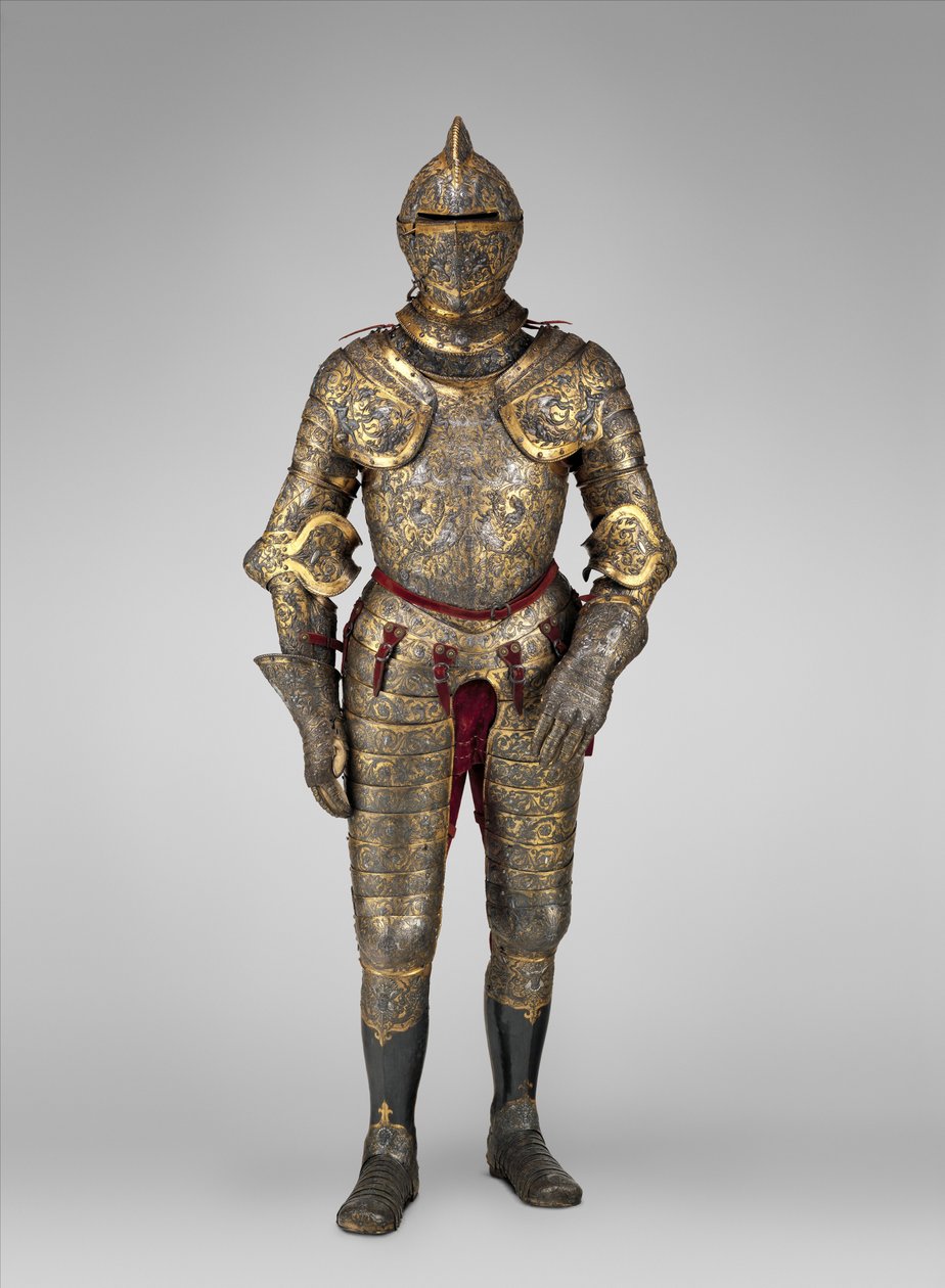 Henry II:n, Ranskan kuninkaan (hallitsi 1547–1559) panssari, n. 1555 (teräs, kulta, hopea, nahka, tekstiili)   Päivämäärä: n. 1555 Medium: Teräs, kulta, hopea, nahka, tekstiili tekijältä French School