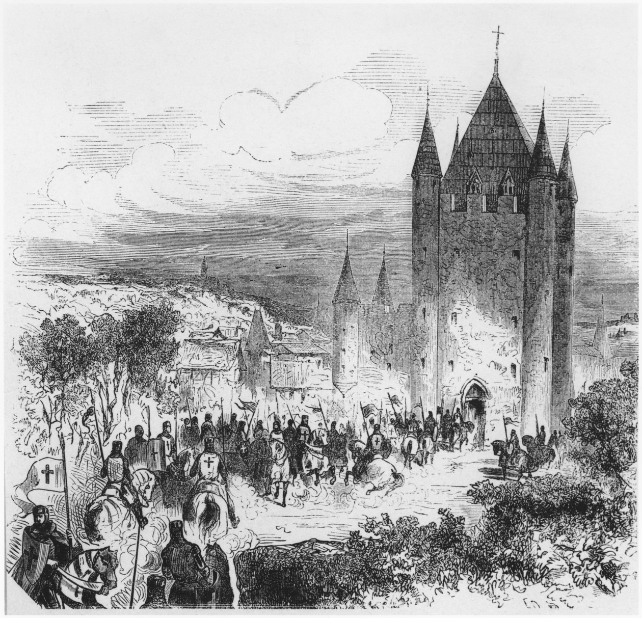 Temppeliarmeija astumassa temppeliin Pariisissa, kuva Histoire de Francesta, 1800-luvun puoliväli tekijältä French School