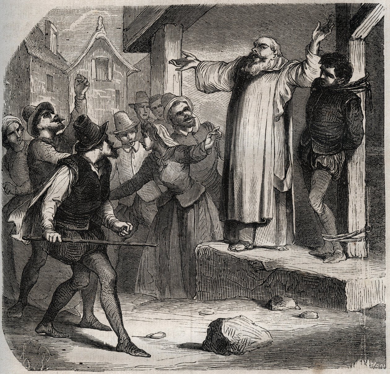 Arnaud du Tilh (Thil) on kiinnitetty hirsipuuhun ja joutuu väkijoukon loukkausten kohteeksi ennen teloitustaan Martin Guerren (noin 1524 noin 1560) henkilöllisyyden kaappauksesta. Kaiverrus vuodelta 1871 Henry de Kockin teokseen "Histoire Des Cocuses Celeb tekijältä French School