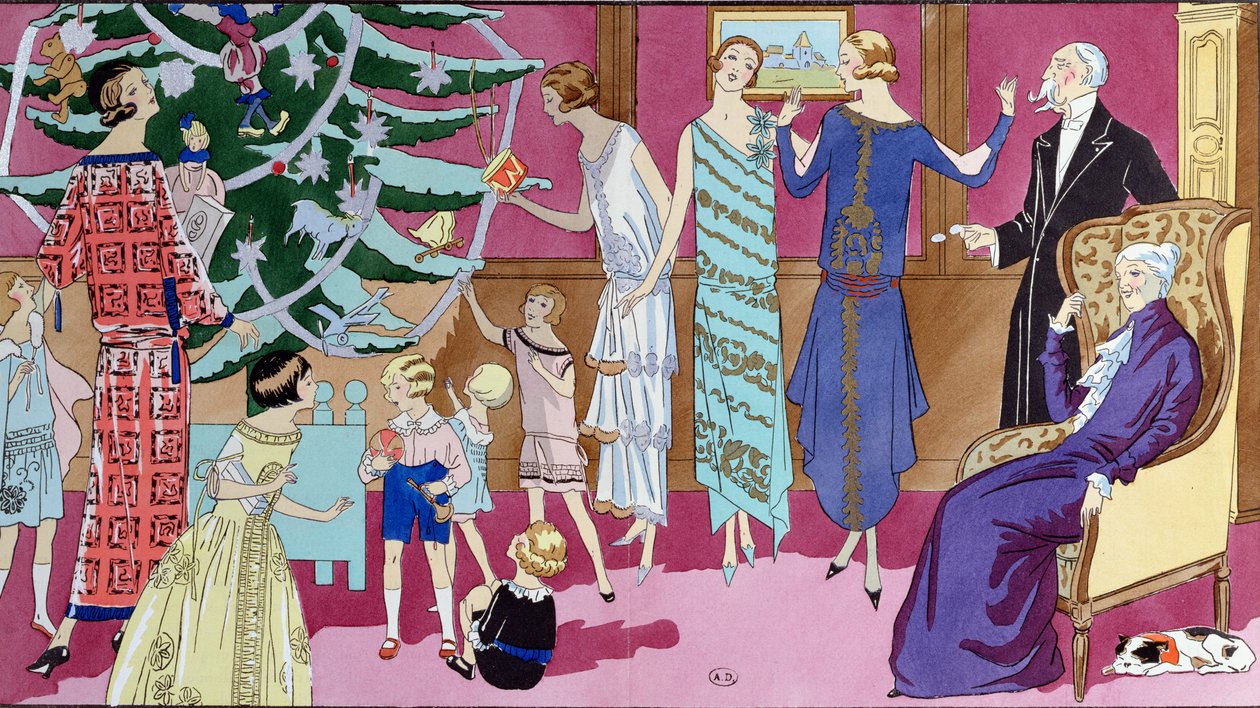 Joulupuun ympärillä, muotilevy Art Gout Beaute -lehdestä, joulukuu 1923 tekijältä French School