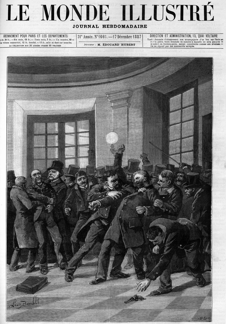 Aubertinin pidätys hänen hyökkäyksensä Jules Ferryä vastaan Palais Bourbonissa vuonna 1887. Kansi "" The Illustrious World" -julkaisusta vuodelta 1887. tekijältä French School