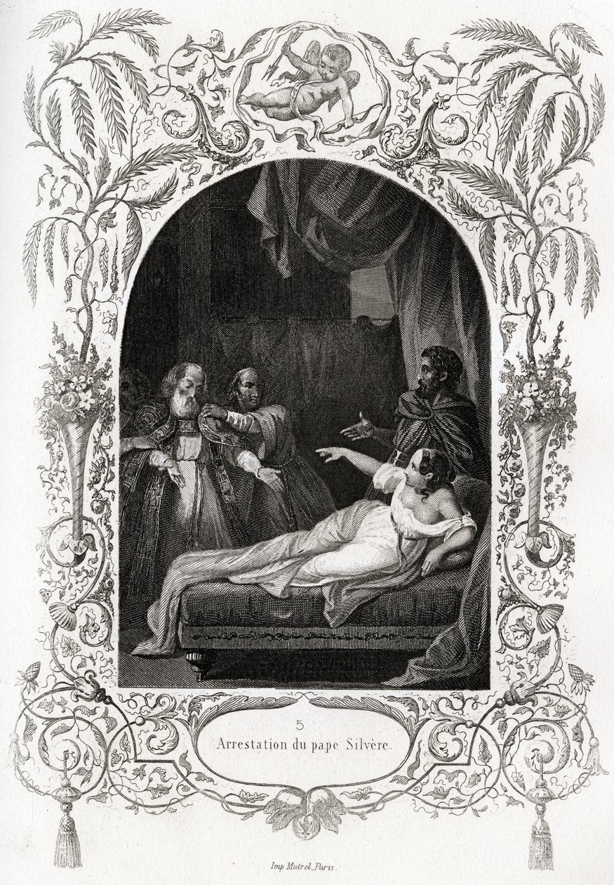 Paavi Silveren (Silverio) pidätys (paavi 536-537). Maurice Lachatren (1814-1900), Librairie du progress, Pariisin Histoire des Popes -teoksen havainnollistava kaiverrus. tekijältä French School