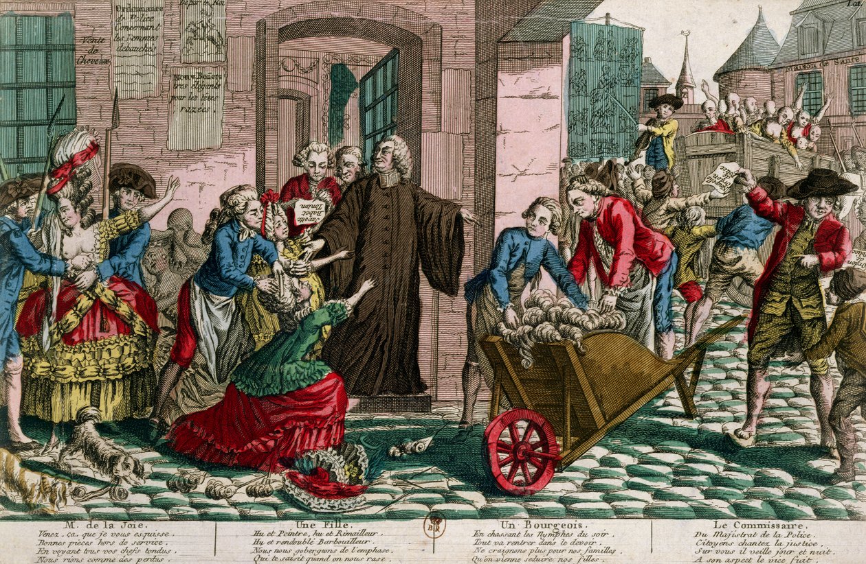Poliisi pidätti prostituoidut Pariisissa, n. 1759 (värikaiverrus) tekijältä French School