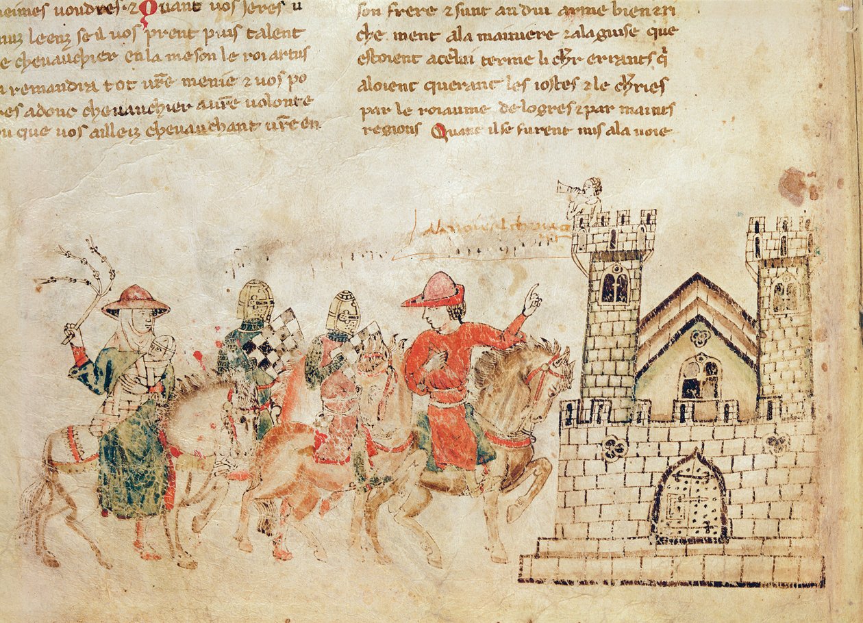 Suurlähettiläiden saapuminen kuningas Arthurin linnaan Roman de Meliadusista tekijältä French School
