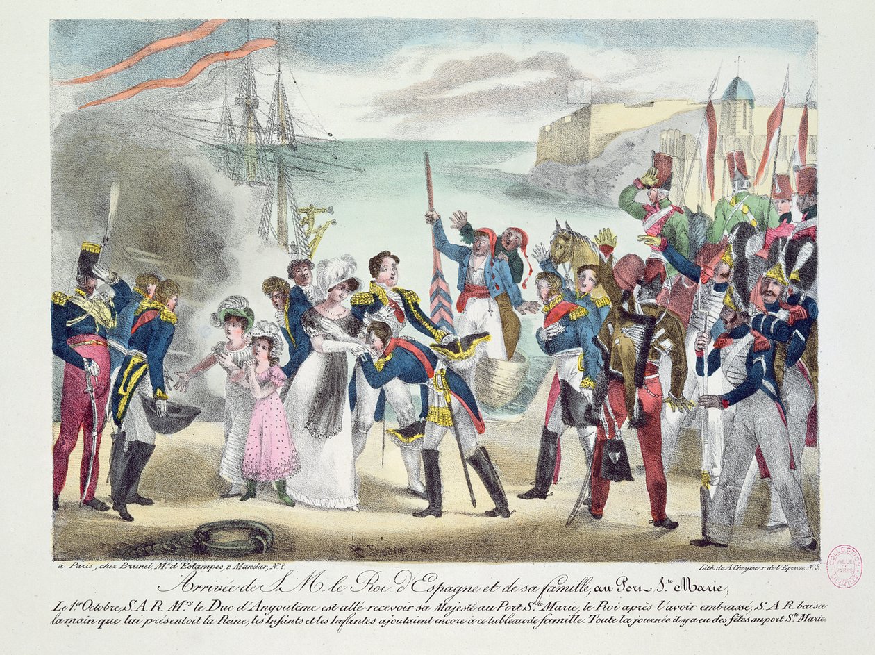Hänen Majesteettinsa Ferdinand VII:n ja hänen perheensä saapuminen Porte Sainte Marieen, 1. lokakuuta 1823, 1823 tekijältä French School