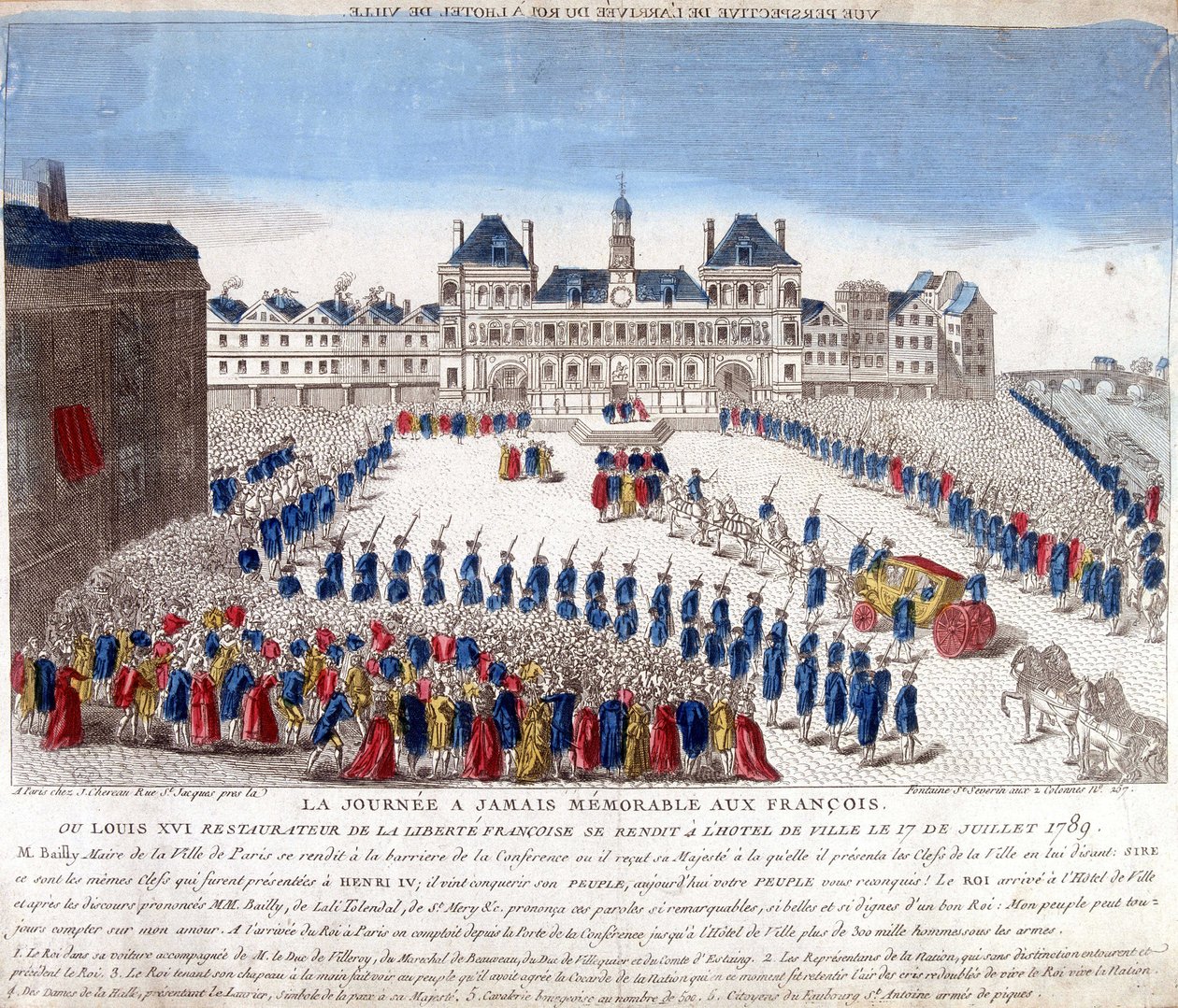 Ludvig XVI:n saapuminen Hôtel de Villeen Pariisiin 17. heinäkuuta 1789 - kaiverrus tekijältä French School