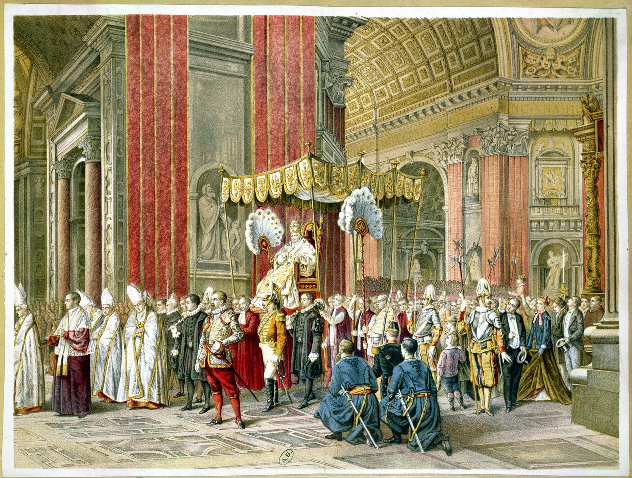 Paavi Pius IX:n (1835-1914) saapuminen sedia gestatoriaan Vatikaanin ensimmäisen kirkolliskokouksen avajaisissa 8. joulukuuta 1869 tekijältä French School