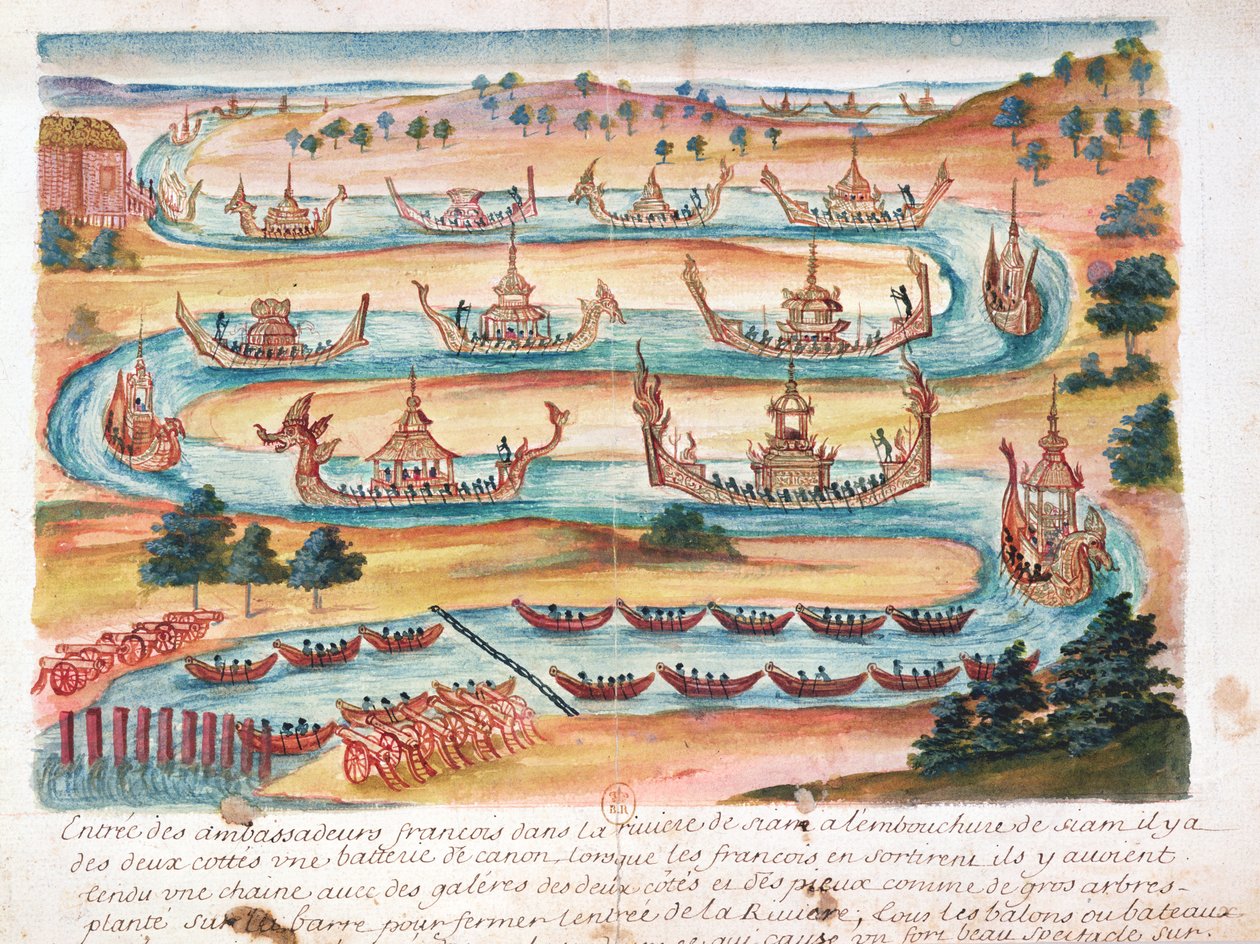 Ranskan suurlähettiläiden saapuminen Siamiin, kertomus jesuiitoista Siamissa, 1688 (wc paperilla) tekijältä French School