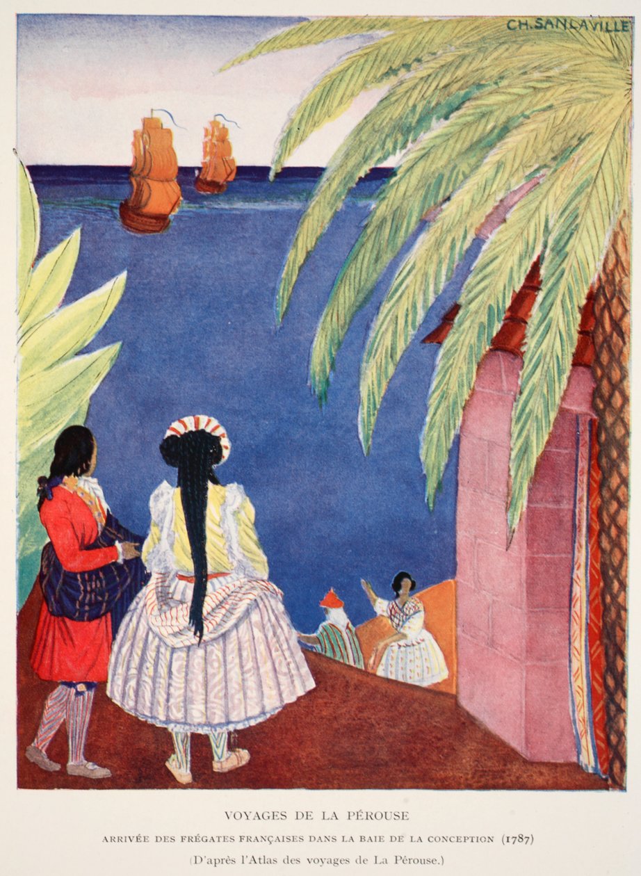 Ranskalaisten fregattien saapuminen Conceptionin lahdelle, Voyages of Perouse, kopio M. Charles Sanlaville (fl.1920-30), kuvitus Histoire de la Nation Francaisesta Gabriel Hanotaux (1853-194) tekijältä French School