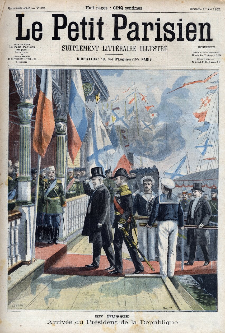 Ranskan tasavallan presidentin Emile Loubet (1838-1929) saapuminen Venäjälle, "Le petit Parisien" tekijältä French School
