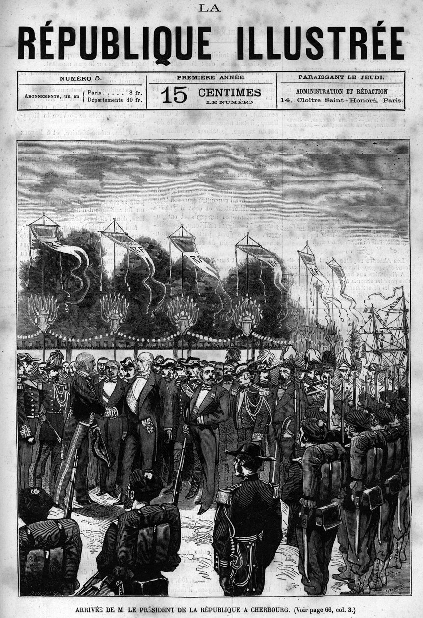 Tasavallan presidentti Jules Grevyn (1807-1891) saapuminen Cherbourgin juhliin. Sanomalehti. Kaiverrus vuodelta 1880 "La republique illustree" -yksityiskokoelmassa. tekijältä French School