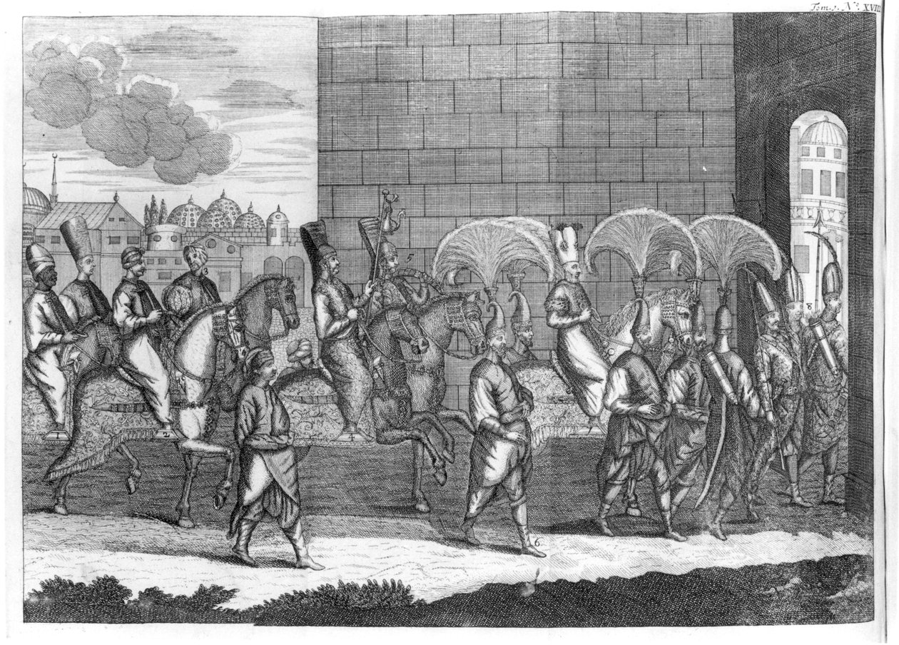 Sulttaani Mustafan saapuminen Konstantinopoliin, Sr A. de la Motrayen matkat Euroopassa, Aasiassa ja Afrikassa, julkaistu 1727 tekijältä French School