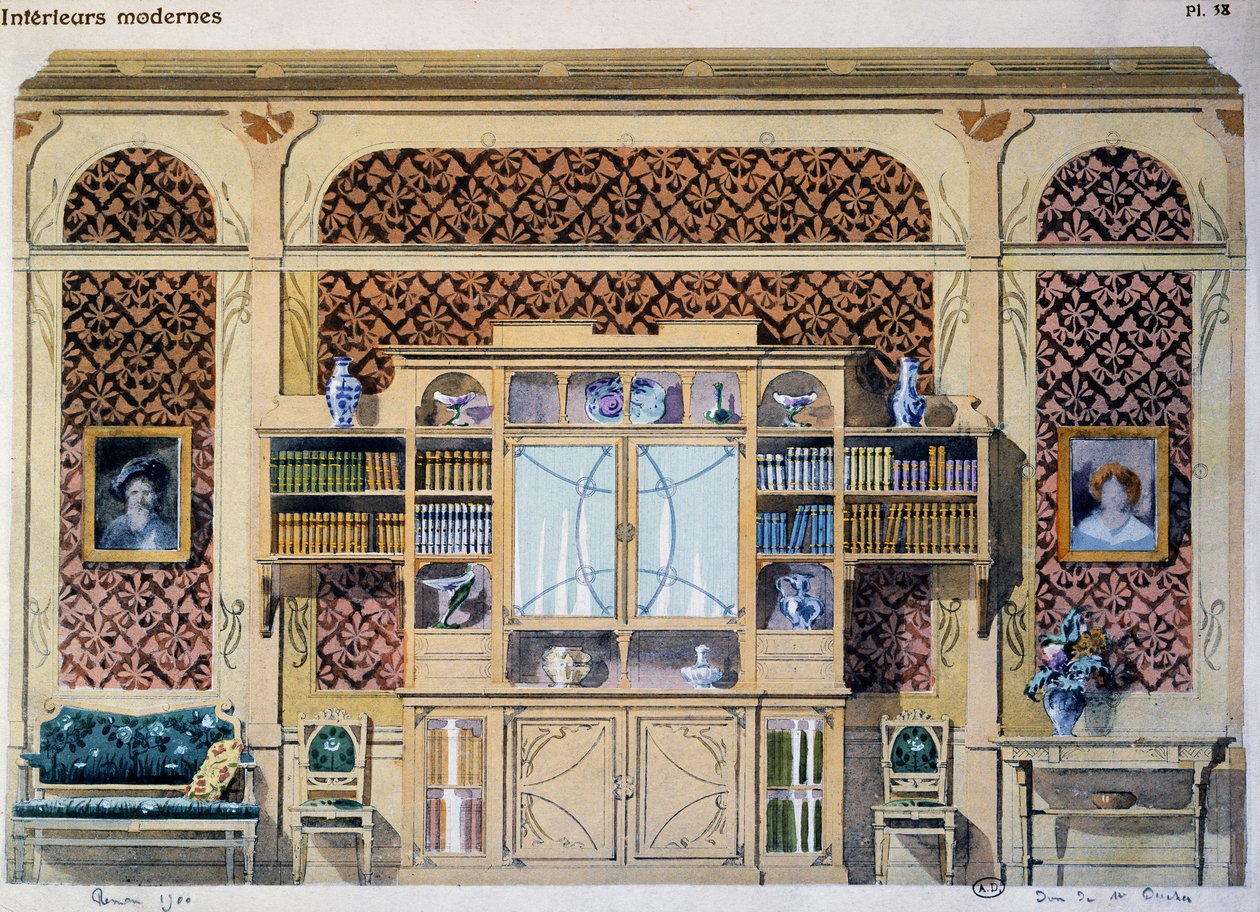 Art nouveau -tyylinen kirjasto, kuvitus Interieurs Modernes -lehdestä (Modernit sisätilat) tekijältä French School