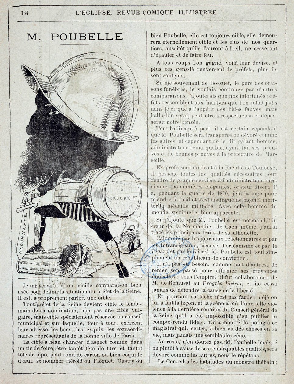 Artikkeli ja sarjakuva Eugene Poubellesta (1831-1907), Seinen prefetista ja roskakorien keksijästä vuonna 1884. 4.10.1885. Pariisi, poliisiprefektuuri tekijältä French School