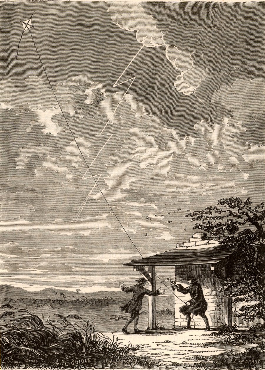 Taiteilijan kuva Benjamin Franklinin tutkimuksesta salaman sähköisestä luonteesta, Louis Figuierin teoksesta "Les Merveilles de a Science", noin 1870 (kaiverrus). tekijältä French School
