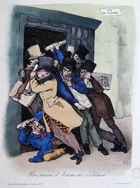 Taiteilijat piirittävät Kustantajan ovea, n. 1830 (värilitho) tekijältä French School