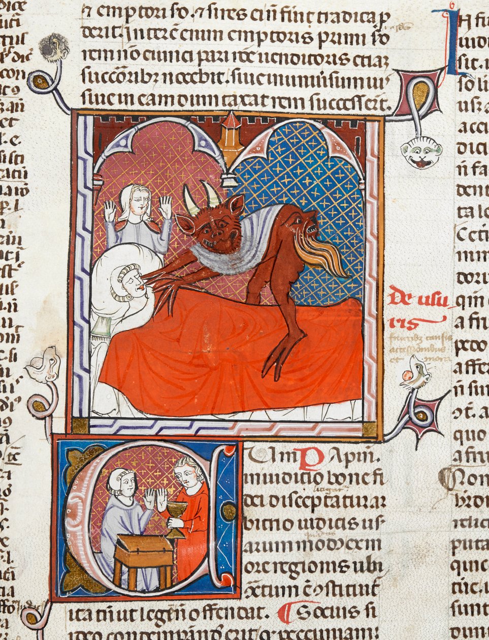 Arundel 484 f.245 Paholainen tai demoni kuolleen henkilön sängyllä, kuvitus Digestum Vetusista kiiltävällä ordinarialla, Justinianus, n. 1300-10 (vellum) tekijältä French School