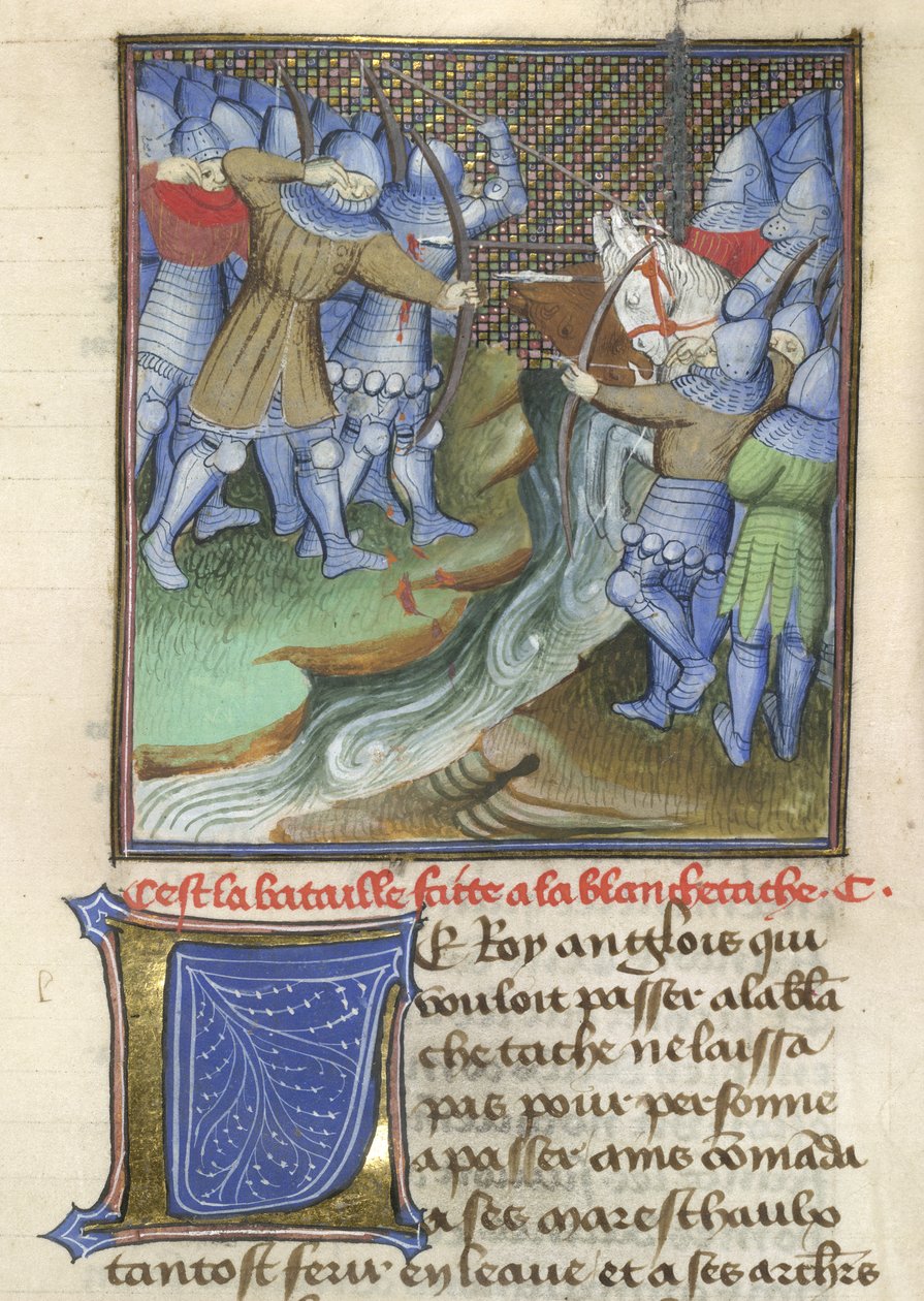 Arundel 67, f.144, Keskiaikaiset sotilaat taistelemassa joen toisella puolella Chroniques d