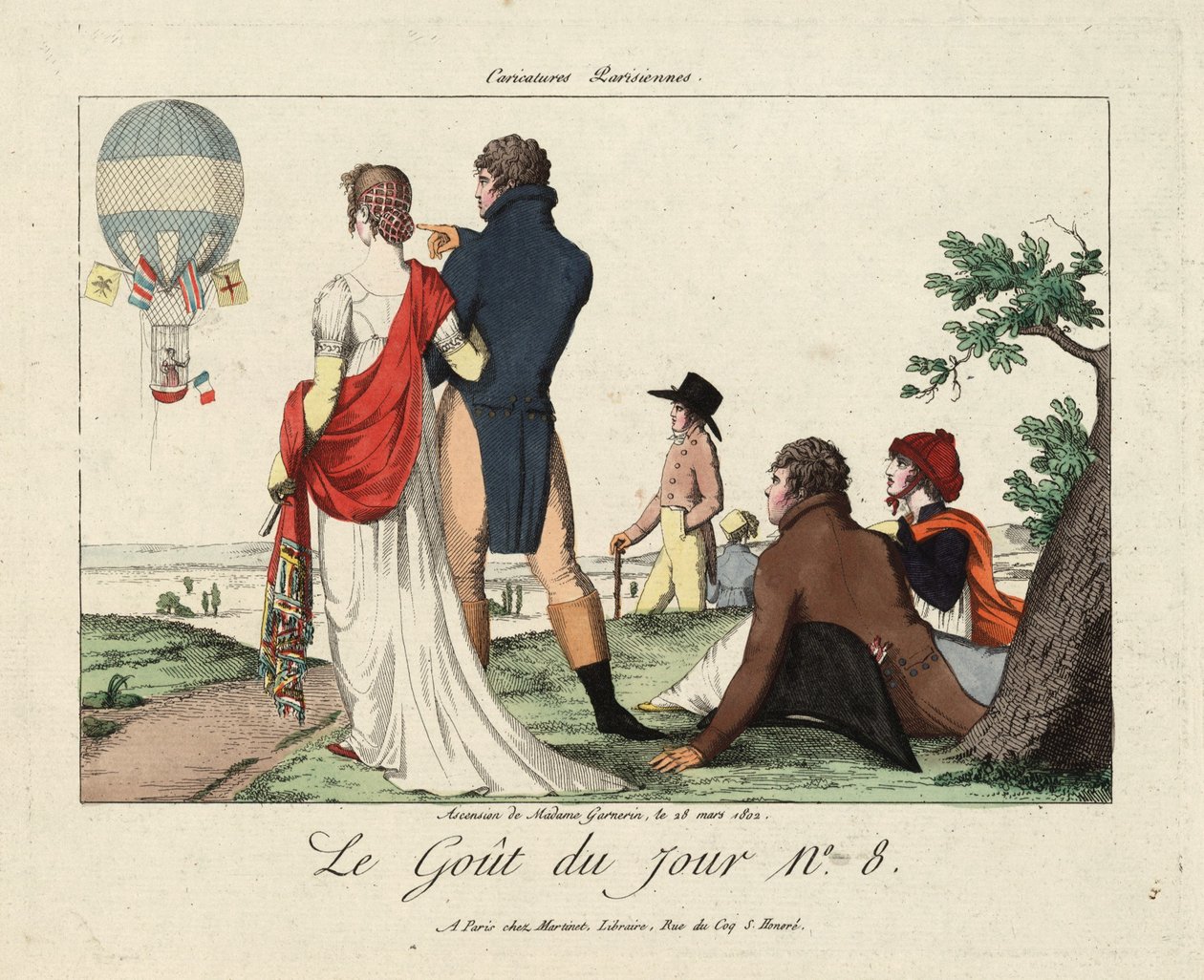 Madame Garnerinin nousu, 28. maaliskuuta 1802, Le Gout du Jour nro 8, n. 1870, (käsinvärinen kaiverrus) tekijältä French School