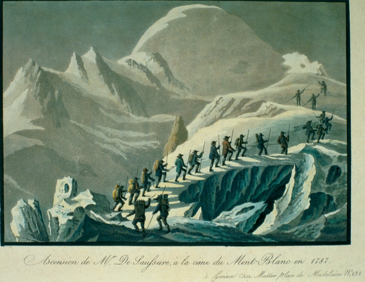 Mr. De Saussuren nousu Mont Blancin huipulle vuonna 1787, Charles Fellowsin (1799-1860) kertomuksesta noususta Mont Blancin huipulle, julkaistu 1827 tekijältä French School