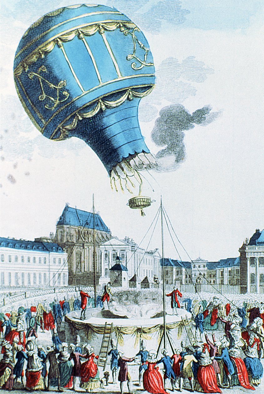 Montgolfier-veljesten kuumailmapallon nousu kuninkaallisen perheen eteen Versaillesissa vuonna 1783 (värikaiverrus) tekijältä French School