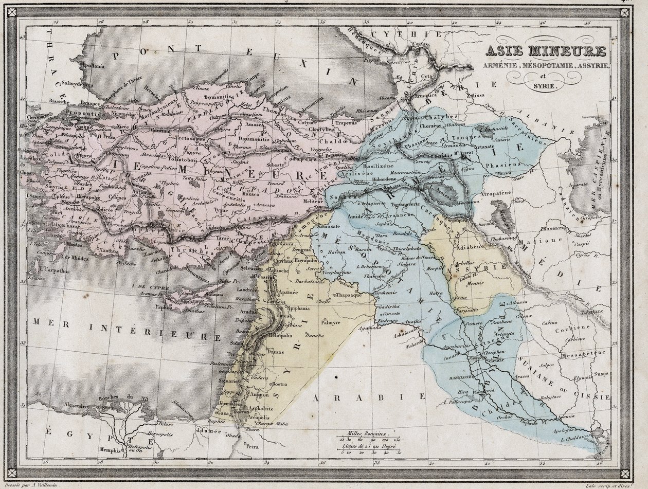Vähä-Aasia, Armenia, Mesopotamia, Assyria ja Syyria antiikissa - Levy poimittu Vuilleminin "" Muinaisen ja modernin maantieteen yleismaailmallisesta atlasesta asuinkoulujen käyttöön" - noin. 1845 tekijältä French School