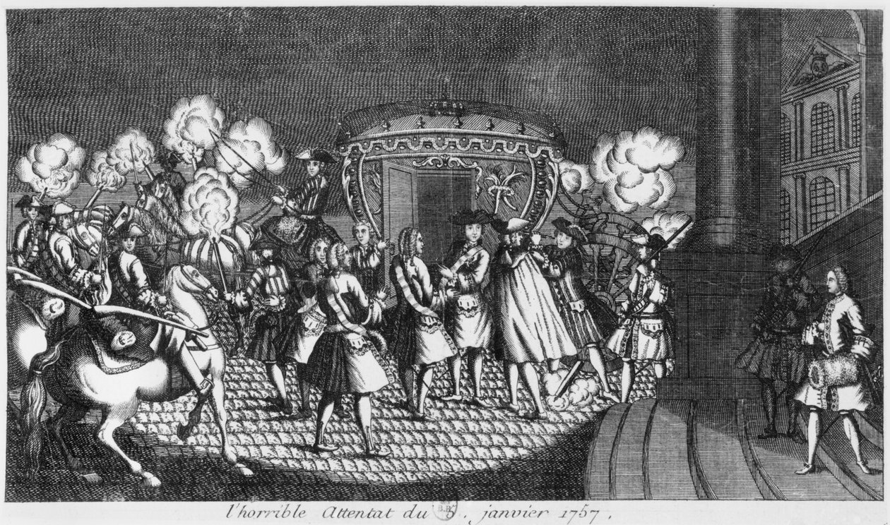 Robert Francois Damiensin salamurhayritys kuningas Ludvig XV:tä (1710-74) vastaan 5. tammikuuta 1757 tekijältä French School