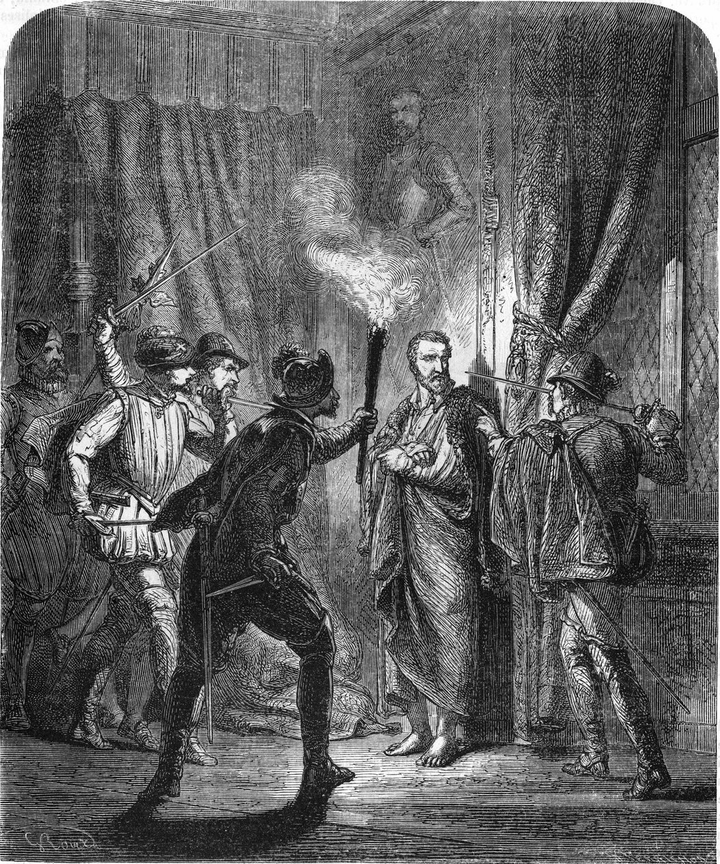 Admiral de Colignyn salamurha Saint-Bartelemyn verilöylyn aikana vuonna 1572. Teoksessa "" Histoire Populaire de la France", sd. noin 1885. Kaiverrus. tekijältä French School