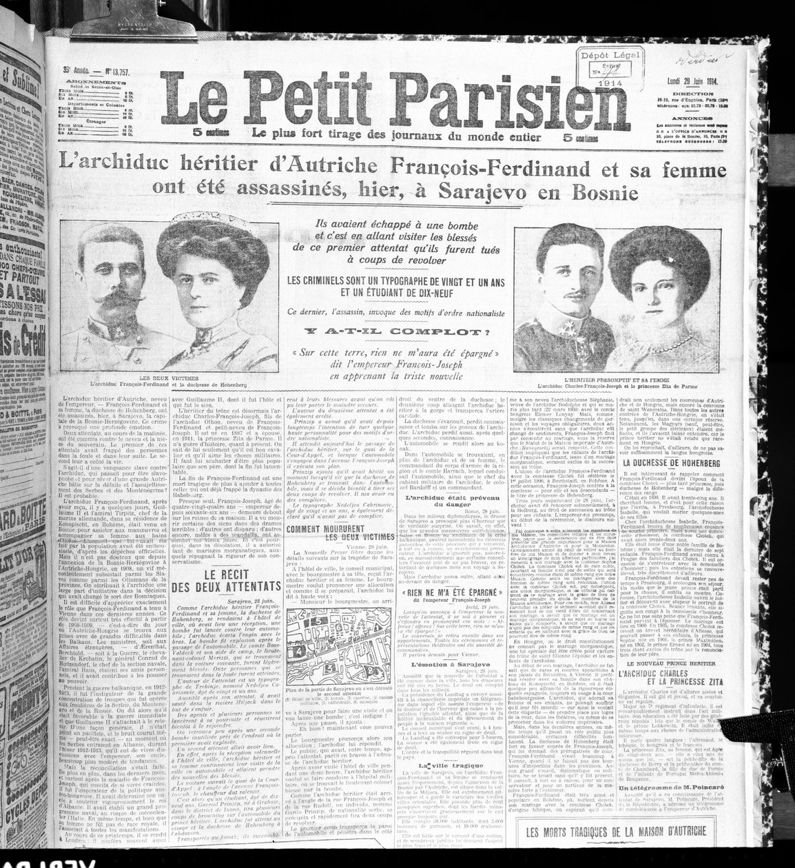 Itävallan arkkiherttua Franz Ferdinandin (1863-1914) ja hänen vaimonsa salamurha Le Petit Parisienista, 29. kesäkuuta 1914 tekijältä French School