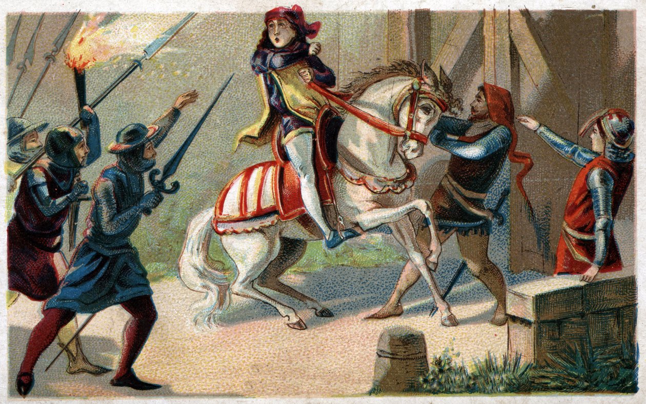 Etienne Marcelin, rikkaan verhoilijan ja Prevot des kauppiaiden (1316-1358) salamurha echevin Jean Maillart, yksi rojalistisen puolueen johtajista, heinäkuussa 1358. Kromolitografia 1800-luvun lopulla. tekijältä French School