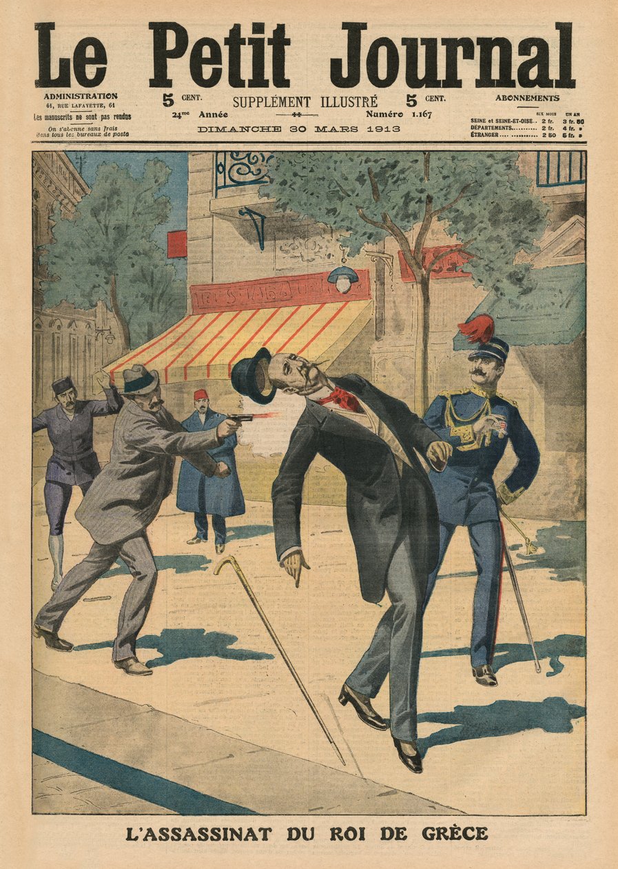 George I:n, Kreikan kuninkaan, salamurha, etukannen kuvitus Le Petit Journalista, liitekuva, 30. maaliskuuta 1913 (värilitho) tekijältä French School