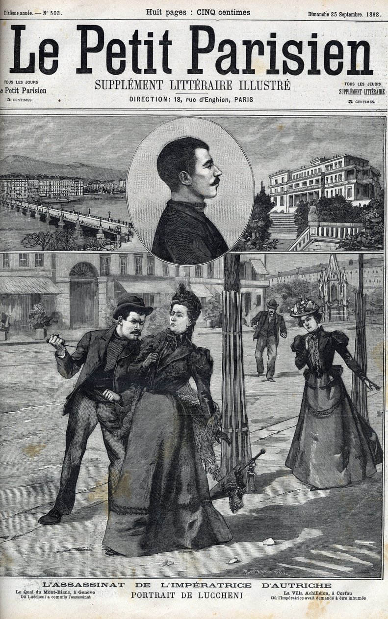 Italialainen anarkisti Luccheni murhasi Itävallan vaikutuksen Elisabetin (Sissin) Genevessä vuonna 1898. Kansi "" Le petit Parisien" -julkaisusta vuodelta 1898 - Itävallan keisarinna Elisabethin (Sissi) salamurha, jonka teki italialainen anarkisti Luigi Lu tekijältä French School