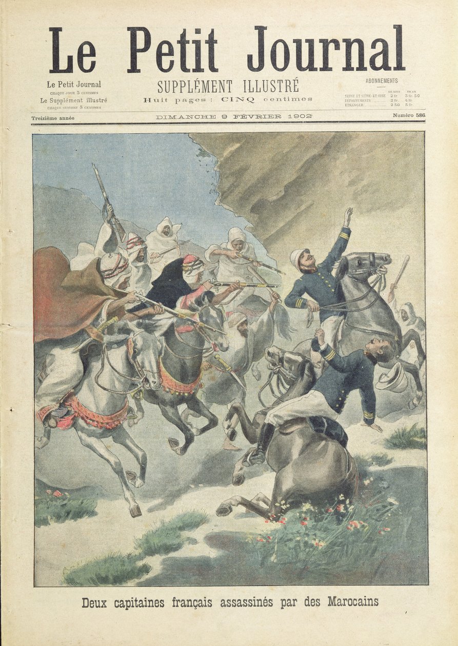 Beni-Smir-heimoon kuuluvien marokkolaisten toimesta kahden ranskalaisen vieraslegioonan kapteenin salamurha, Le Petit Journalin kansikuva, 9. helmikuuta 1902 tekijältä French School