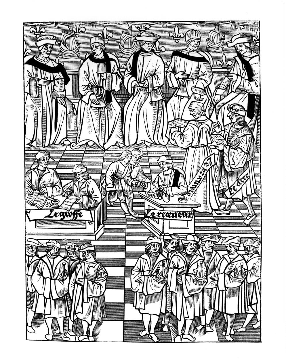Pariisin kauppiaiden provostilaisuus, Jacques Nyverdin, Ordannances Royaux de la Jurisdiction de la Prevote de Marchands et Eschevinage de la Ville de Parisin puupiirros, publis tekijältä French School