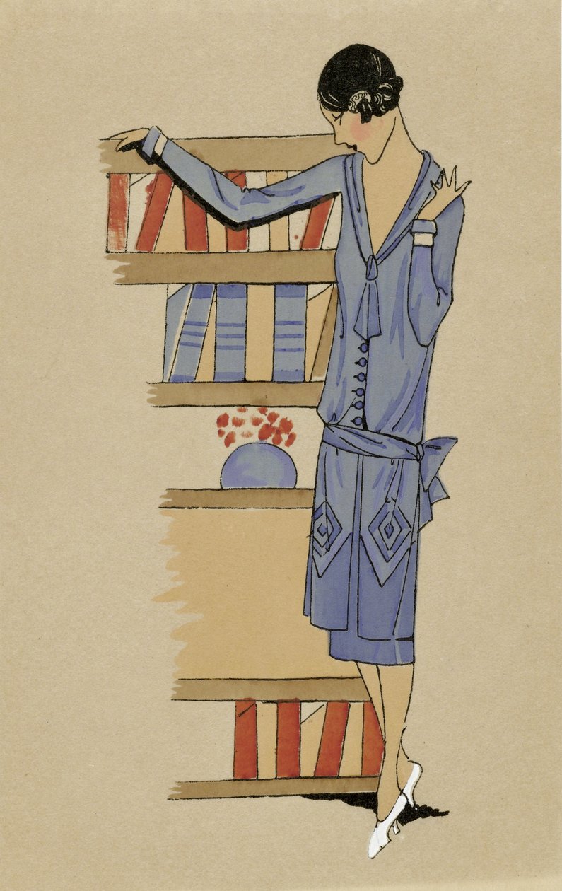 "Kotona", teoksesta Costumes Parisien, julkaisu 1925 (pochoir-painatus). tekijältä French School