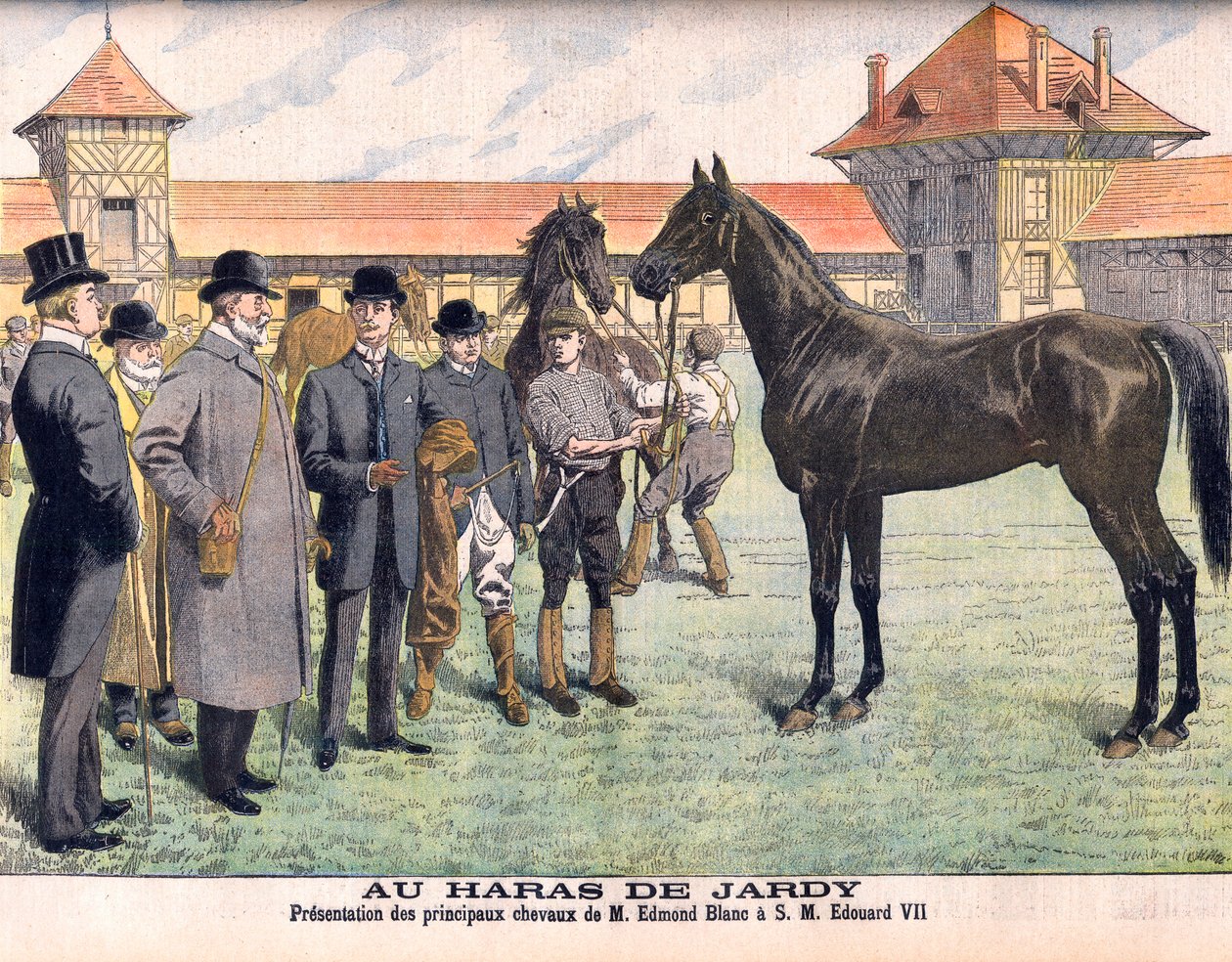Jardyn hevostilalla Pariisin ulkopuolella (Marnes-la-Coquette). Kasvattaja Edmond Blanc näyttää parhaat hevosensa kuningas Edward VII:lle. Jardy Stud. Edmond Blancin tärkeimpien hevosten esittely HM Edouard VII:lle (1841-1910). Kuvitus Le petit Journalille tekijältä French School
