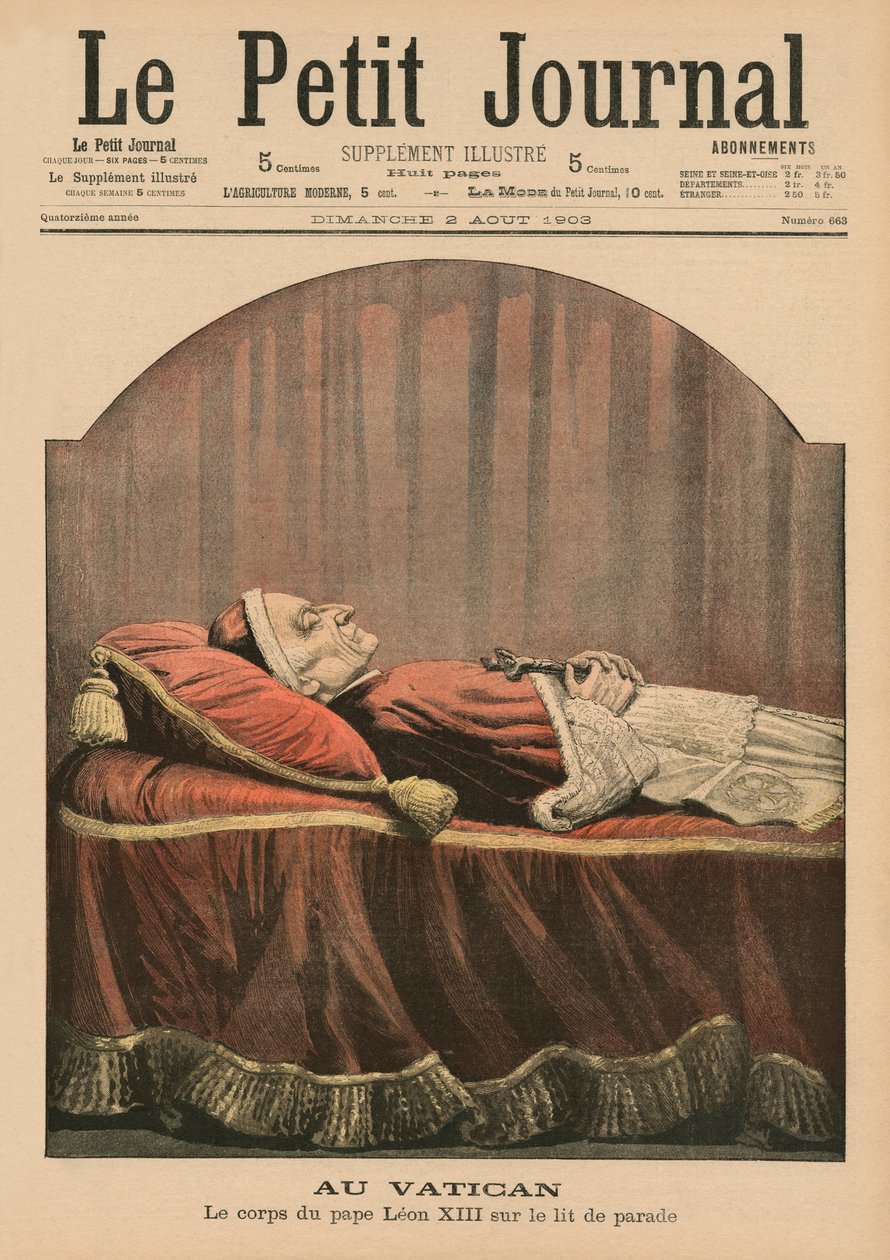 Vatikaanissa paavi Leo XIII makaa maassa, etukannen kuvitus Le Petit Journalista, liitekuva, 2. elokuuta 1903 tekijältä French School