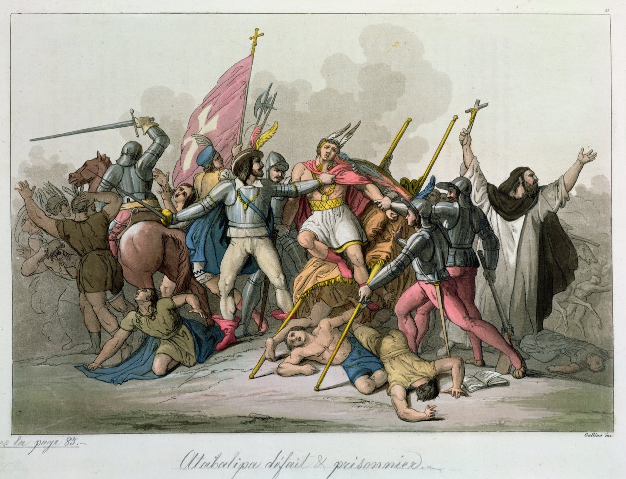 Atahualpa (n. 1502-1541) voitti ja joutui Francisco Pizarron (n. 1478-1541) joukkojen vangiksi 1820 tekijältä French School