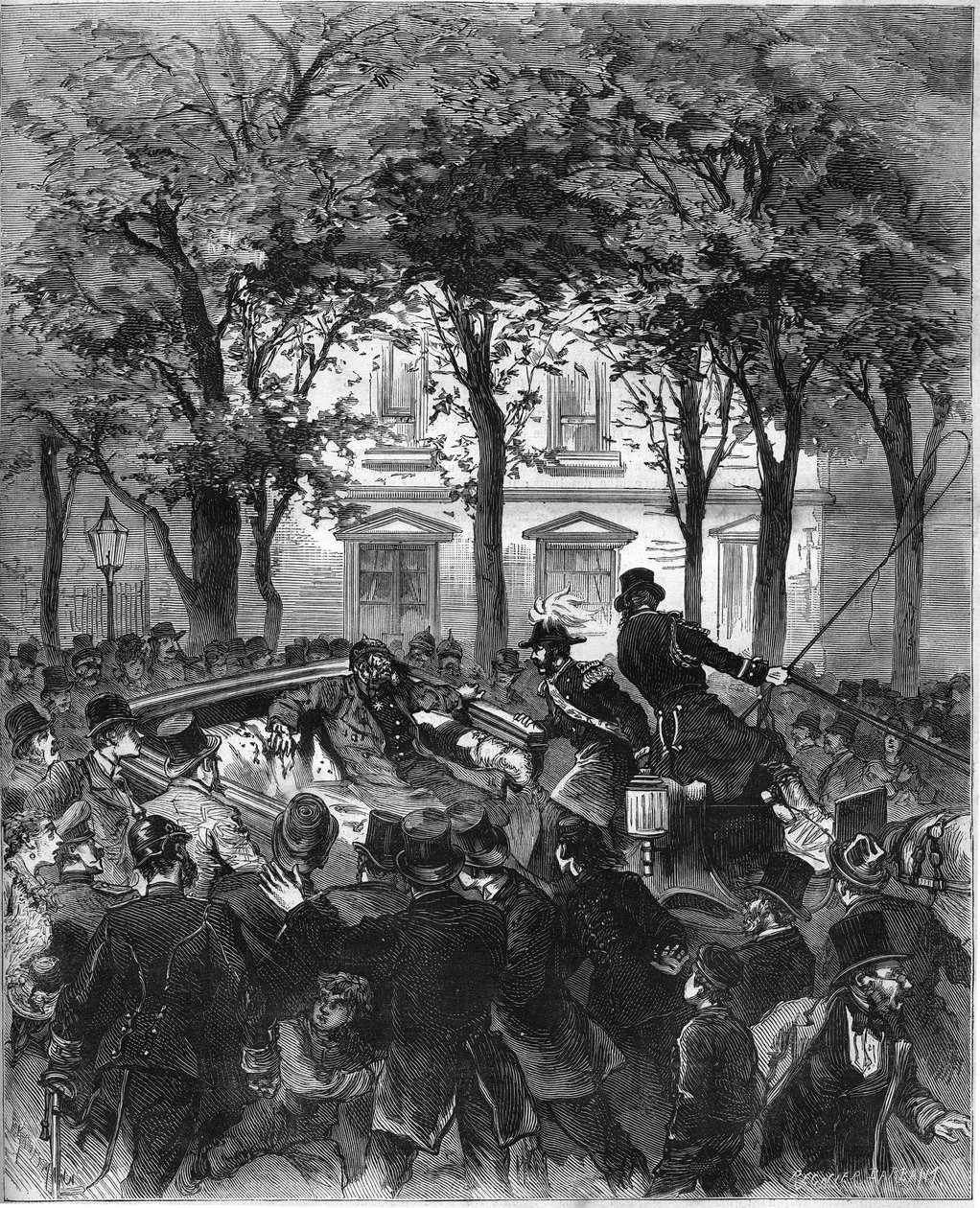 Hyökkäys Saksan keisari William II:ta (1797-1888) vastaan Berliinissä 2. kesäkuuta 1878: keisari loukkaantui saksalaisen anakisti Karl Nobilingin laukauksesta. Kaiverrus "" Le Monde Illustré" -julkaisussa n¡1106, 8. kesäkuuta 1878. tekijältä French School