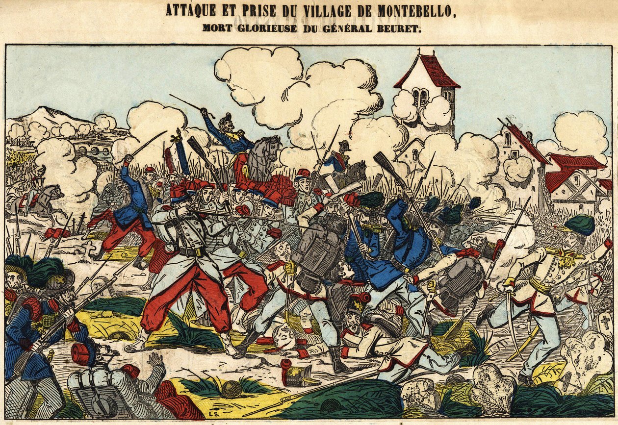 Montebellon kylän hyökkäys ja vangitseminen, kenraali Beuretin loistava kuolema vuonna 1859. Kuva Epinalista tekijältä French School