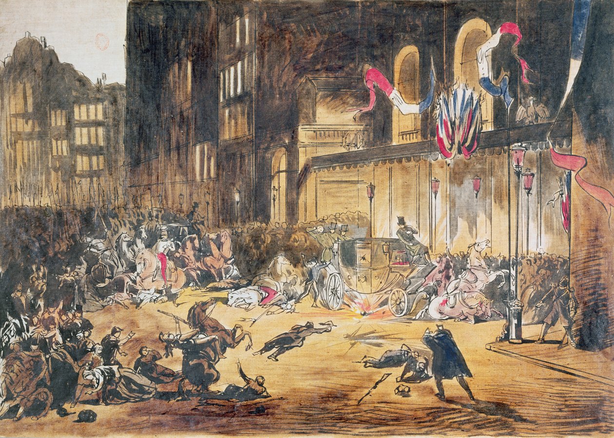 Felice Orsinin ja kolmen rikoskumppanin yritys Napoleon III:n ja hänen vaimonsa Eugenien elämään 4. tammikuuta 1858 Pariisissa (värikaiverrus) tekijältä French School